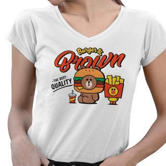 Line Friends Burger & Brown Women V-Neck T-Shirt | Mazezy