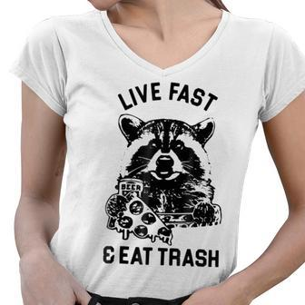 Live Fast Eat Trash Funny Raccoon Hiking Women V-Neck T-Shirt - Monsterry