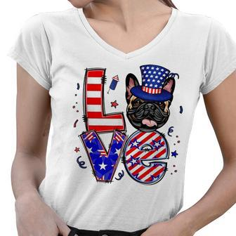 Love French Bulldog Patriotic 4Th Of July Women V-Neck T-Shirt - Seseable