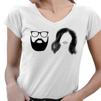 Man With Beard And Glasses With Woman Wavy Hair Women V-Neck T-Shirt | Favorety DE