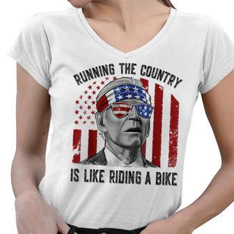 Merry 4Th Of July Joe Biden Falling Off His Bicycle Funny Women V-Neck T-Shirt - Seseable