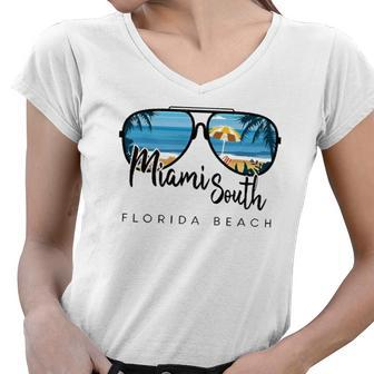 Miami South Beach Florida Palm Tree Sunglasses Souvenir Women V-Neck T-Shirt | Mazezy