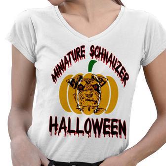 Miniature Schnauzer Halloween On All Hallows Night Women V-Neck T-Shirt | Favorety AU