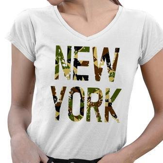 New York Camo Distressed Gift Women V-Neck T-Shirt | Mazezy