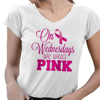 On Wednesdays We Wear Pink Breast Cancer Awareness Raglan Baseball Tee Women V-Neck T-Shirt | Mazezy