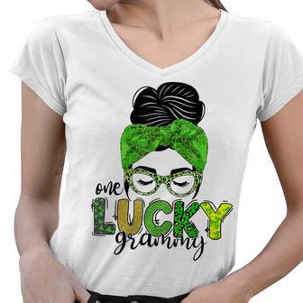 One Lucky Grammy Life Messy Bun St Patricks Day Irish Women V-Neck T-Shirt | Favorety