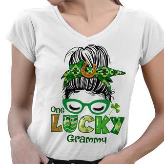 One Lucky Grammy Messy Bun Leopard St Patricks Day Women V-Neck T-Shirt | Favorety