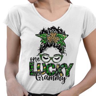 One Lucky Grammy St Patricks Day Messy Bun Leopard Women V-Neck T-Shirt | Favorety