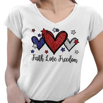 Patriotic 4Th Of July American Flag Heart Faith Love Freedom V3 Women V-Neck T-Shirt - Seseable