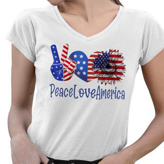 Peace Love America 4Th July Patriotic Sunflower Heart Sign V3 Women V-Neck T-Shirt - Seseable