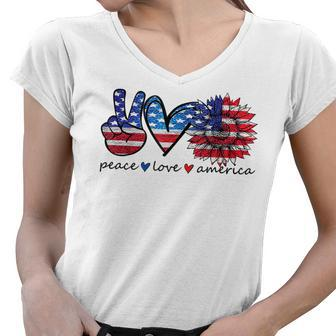 Peace Love America Flag Sunflower 4Th Of July Memorial Day V2 Women V-Neck T-Shirt - Seseable