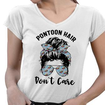 Pontoon Captain Boating Pontoon Hair Dont Care Messy Bun Women V-Neck T-Shirt | Mazezy