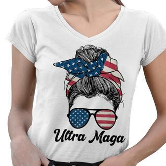 Pro Trump Ultra Mega Messy Bun Women V-Neck T-Shirt - Seseable