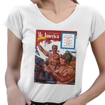 Pulp Librarian A Mans Magazine Mr America Hang On To Your Teeth Women V-Neck T-Shirt | Mazezy