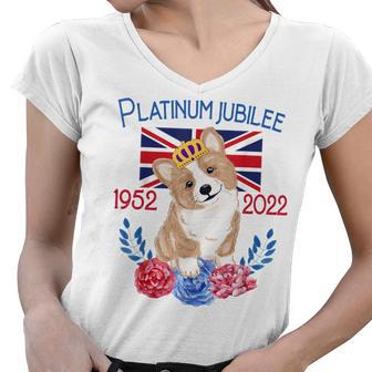Queens Platinum Jubilee 2022 British Monarch Queen Corgi Women V-Neck T-Shirt | Mazezy