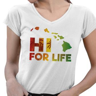 Rasta Colored Hi For Life Hawaii Palm Tree Tee Women V-Neck T-Shirt | Mazezy