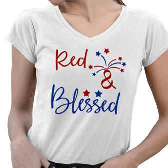 Red White Blessed 4Th Of July Cute Patriotic America Women V-Neck T-Shirt | Mazezy