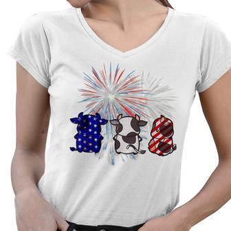 Red White Blue Cow Fireworks Patriotic 4Th Of July Women V-Neck T-Shirt - Seseable