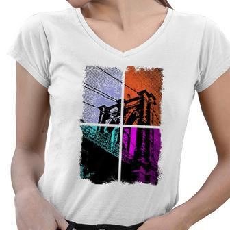 Retro Brooklyn Bridge Nyc Vintage Distressed Women V-Neck T-Shirt | Mazezy