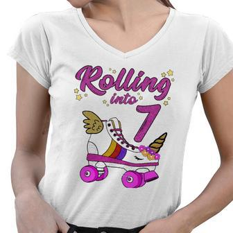 Rolling Into 7Th Birthday Unicorn Roller Skate Party Women V-Neck T-Shirt | Mazezy