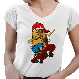 Skateboarder Taco Electric Skateboard Mexican Burrito Chili Women V-Neck T-Shirt | Mazezy