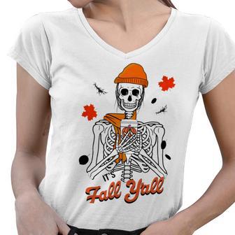 Skeleton It’S Fall Y’All Thanksgiving Funny Autumn Halloween Women V-Neck T-Shirt | Favorety CA