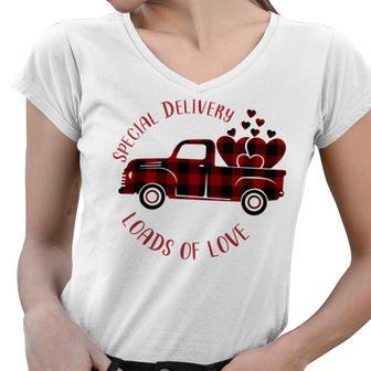 Special Delivery Valentines Car Red Plaid Women V-Neck T-Shirt | Favorety CA