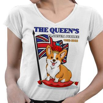 The Queen’S Platinum Jubilee 1952-2022 Corgi Union Jack Women V-Neck T-Shirt | Mazezy