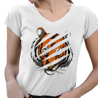 Tiger Stripes Zoo Animal Tiger Women V-Neck T-Shirt | Mazezy