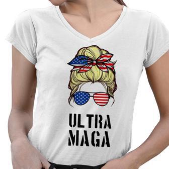 Ultra Mega Messy Bun 2022 Trump Republicans Conservatives Women V-Neck T-Shirt | Favorety CA