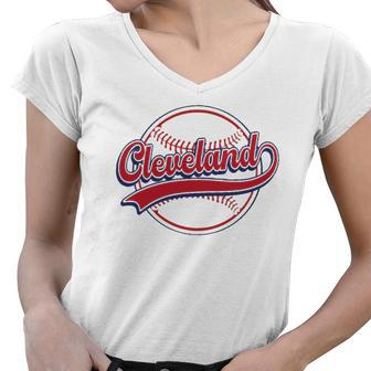 Vintage Cleveland Cityscape Baseball Lover Player And Fans Women V-Neck T-Shirt | Mazezy