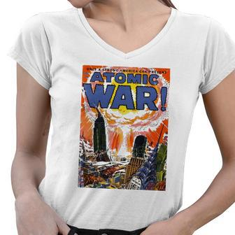 Vintage War Art-Atomic War Comic Book Nuclear War Women V-Neck T-Shirt | Mazezy