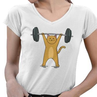 Weightlifting - Cat Barbell Fitness Lovers Gift Women V-Neck T-Shirt | Mazezy