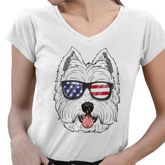 West Highland White Terrier Dog 4Th Of July American Westie Women V-Neck T-Shirt | Mazezy