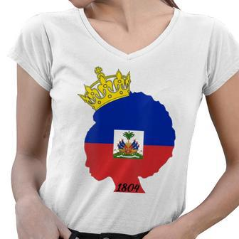 Womens Haitian Afro Queen 1804 Haiti Flag Day Crown Women Gift Women V-Neck T-Shirt | Mazezy