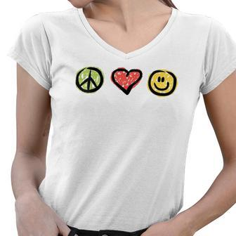 Womens Peace Love Happiness Inspirational Hippie Gift Women V-Neck T-Shirt | Mazezy