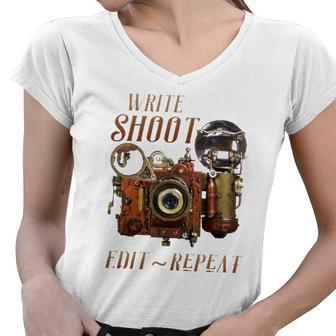 Write Shoot Edit Repeat Steampunk Flash Filmmaker Women V-Neck T-Shirt | Mazezy