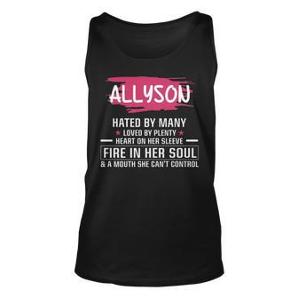 Allyson Name Gift Allyson Hated By Many Loved By Plenty Heart On Her Sleeve Unisex Tank Top - Seseable