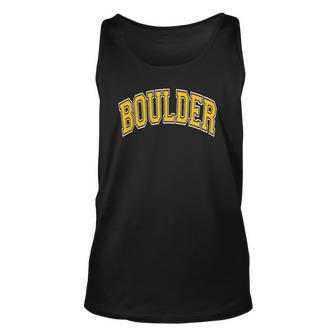 Boulder Colorado Co Varsity Style Amber Text Unisex Tank Top | Mazezy
