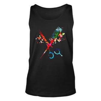 Colorful Comb And Scissors Barber Hairstylist Unisex Tank Top | Mazezy