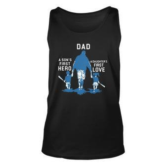 Dad A Sons First Hero A Daughters First Love Baseball Dad Unisex Tank Top | Mazezy
