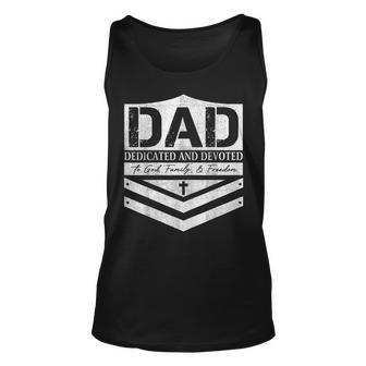 Dad Dedicated And Devoted Happy Fathers Day Unisex Tank Top | Mazezy