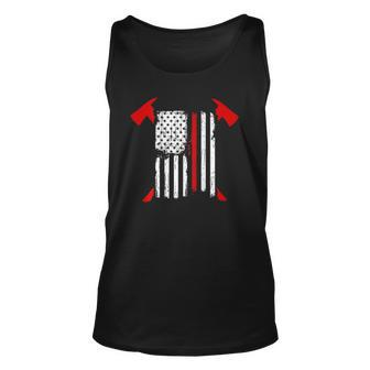 Firefighter Red Line Us Flag Crossed Axes Printed Back Unisex Tank Top | Mazezy