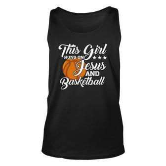 Womens This Girl Runs On Jesus And Basketball Christian Tank Top | Mazezy