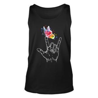 I Love You Hand Sign Language Butterfly Autism Awareness V2 Unisex Tank Top - Thegiftio UK