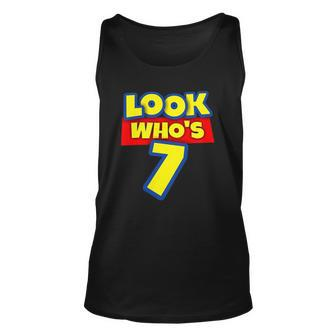 Kids 7 Years Old Birthday Party Toy Theme Boys Girls Look Whos 7 Birthday Tank Top | Mazezy