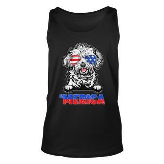 Lhasa Apso Dog With Merica Sunglasses 4Th Of July Funny Unisex Tank Top - Seseable