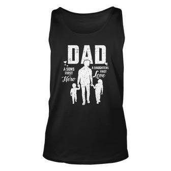 Mens Dad Sons First Hero Daughters Love For Fathers Day Unisex Tank Top | Mazezy