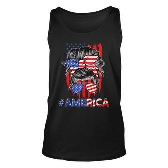 Mom Life Messy Bun America Flag Mothers Day Gift 4Th Of July Unisex Tank Top - Seseable