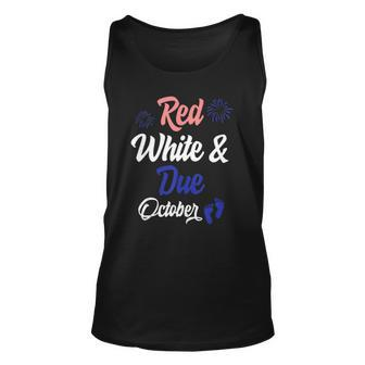 Red White Due October 4Th Of July Pregnancy Announcement Unisex Tank Top | Mazezy